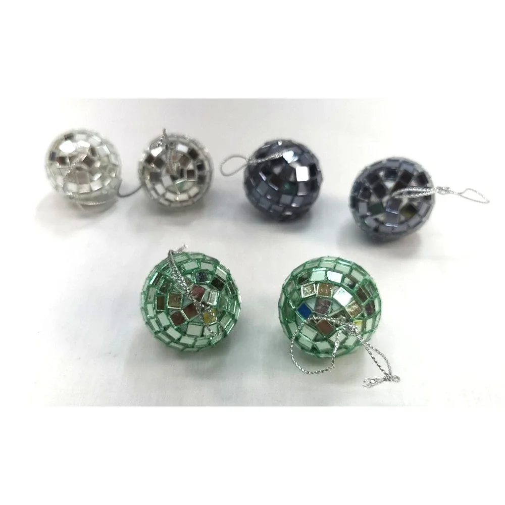 6 Mirror Ball Ornaments 2 Silver 2 Charcoal 2 Mint Green Christmas 1.5
